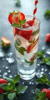Refreshing strawberry mint drink served in a tall glass with icy cubes and fresh berries photo
