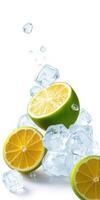 Freshly sliced citrus and ice cubes create a refreshing summer drink appearance in a vibrant and colorful arrangement photo