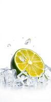 Fresh lime half surrounded by ice cubes, creating a refreshing and vibrant composition in bright light photo