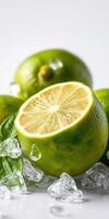 Fresh green limes sliced open with ice and mint leaves for a refreshing summer drink preparation photo