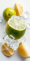 Fresh citrus fruits with ice cubes captured in a vibrant arrangement on a clean surface photo