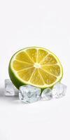 Fresh lime with ice cubes arranged for a refreshing beverage on a bright background photo