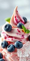 Delightfully creamy dessert with berries and mint in a clear glass dish at a vibrant cafe photo