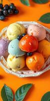 Colorful assortment of ice cream scoops arranged on a decorative plate with fresh berries photo
