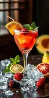 Refreshing fruit cocktail garnished with citrus and mint, served on ice in a dimly lit setting photo