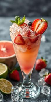 Refreshing summer cocktail with strawberries and mint served in a clear glass with crushed ice photo
