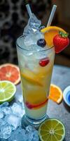 Refreshing cocktail served with fruit garnishes on a table with ice and colorful citrus slices photo