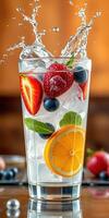 Refreshing summer beverage with fresh fruits and ice splashing in a clear glass photo