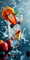 Refreshing summer drink with vibrant fruits and ice splashing in a glass photo