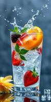Refreshing cocktail with colorful fruits splashing in a glass filled with ice and mint leaves photo