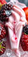 Delicious frozen yogurt topped with fresh blackberries and strawberries in a vibrant setting photo