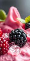 Fresh berries and ice arranged artistically in a vibrant dessert setting photo