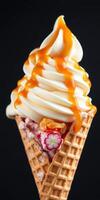 Delicious soft serve ice cream cone topped with caramel sauce and colorful toppings in a waffle cone photo