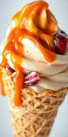 Delicious ice cream cone topped with caramel and berries in a bright setting photo