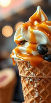 Delicious ice cream cone topped with creamy swirl and caramel drizzle in a vibrant cafe setting photo
