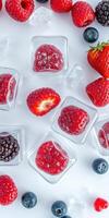 Fresh raspberries and strawberries frozen in ice cubes with blueberries on a white background photo