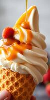 Soft serve ice cream cone topped with caramel and a berry in a dessert setting photo