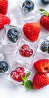 Frozen berries and mint leaves encased in clear ice cubes arranged attractively on a white background photo