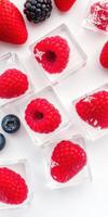 Fresh raspberries and blueberries frozen in ice cubes for a refreshing summer treat photo