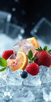 Fresh fruit arrangement with ice featuring strawberries and oranges, perfect for summer beverages and desserts photo