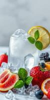 Refreshing drink with ice and fresh fruits displayed on a blue surface during daylight photo