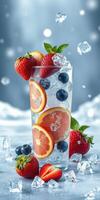 Refreshing fruit-infused drink with strawberries, blueberries, and citrus served over ice photo