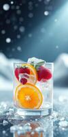 Refreshing summer drink with strawberries and orange slices served over ice against a cool background photo