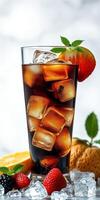 Refreshing iced beverage with fruit garnishes and ice cubes on a bright background photo