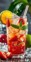 Refreshing summer cocktail with strawberries, lime, and mint served in a tall glass photo