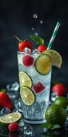 Refreshing summer drink with limes, raspberries, and mint garnished beautifully in a tall glass photo