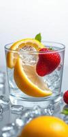 Refreshing drink with fresh strawberries and lemon slices on ice in a glass photo
