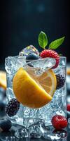 Refreshing summer drink with berries and citrus on ice in a clear glass photo