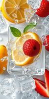 Fresh fruits and ice cubes create a vibrant summer drink experience with lemons and strawberries photo