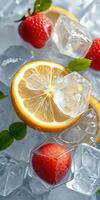 Refreshing mix of lemon and strawberries garnished with ice cubes on a bed of crushed ice photo
