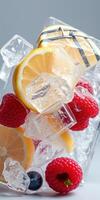 Fresh lemons and raspberries with ice create a vibrant summer drink display photo