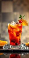 Refreshing fruit cocktail garnished with cherry and orange slice served in a tall glass with ice photo