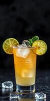 Refreshing citrus cocktail garnished with lime slices and mint leaves in a glass with ice cubes photo