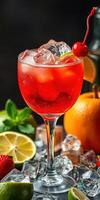 Bright red cocktail garnished with cherry and citrus fruits served in an elegant glass at a bar setting during evening hours photo