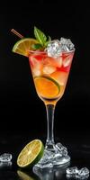 Refreshing summer cocktail with citrus garnishes and ice served in elegant glass photo