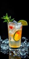 Refreshing summer cocktail with fruit garnishes and ice on a dark background photo