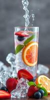 refrescante verano bebida con Fresco frutas y espumoso agua en un de madera mesa foto