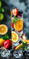 Refreshing fruit-infused drink with citrus and berries in a tall glass on a rustic table photo