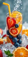 Refreshing fruit cocktail bursting with colors and flavors on ice for a vibrant summer drink photo