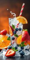 Refreshing summer drink with fruits and ice on a vibrant background photo