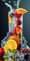 Refreshing fruit cocktail with ice served in tall glass with mint leaves and citrus slices photo
