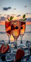 Refreshing summer cocktails by the beach at sunset with vibrant fruits and ice photo