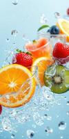 Fresh fruits and vibrant splashes of water create a lively summer drink experience photo
