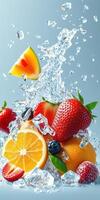 Fresh fruit splashes with water and ice creating a vibrant burst of color and refreshment photo