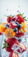Fresh fruit splashes in a glass filled with ice cubes and water droplets on a bright background photo