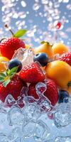 Fresh assorted fruits on ice featuring strawberries, blueberries, and cherries arranged beautifully for a summer treat photo